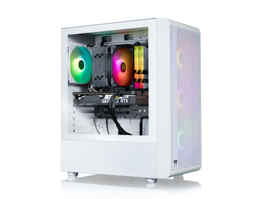 Side view of Thermaltake desktop showing internal components and RTX 3050 graphics