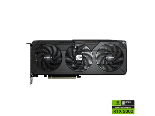 GIGABYTE RTX 5060 GAMING OC V2 side view showing 8GB GDDR7 memory, PCIe power connector and metal backplate