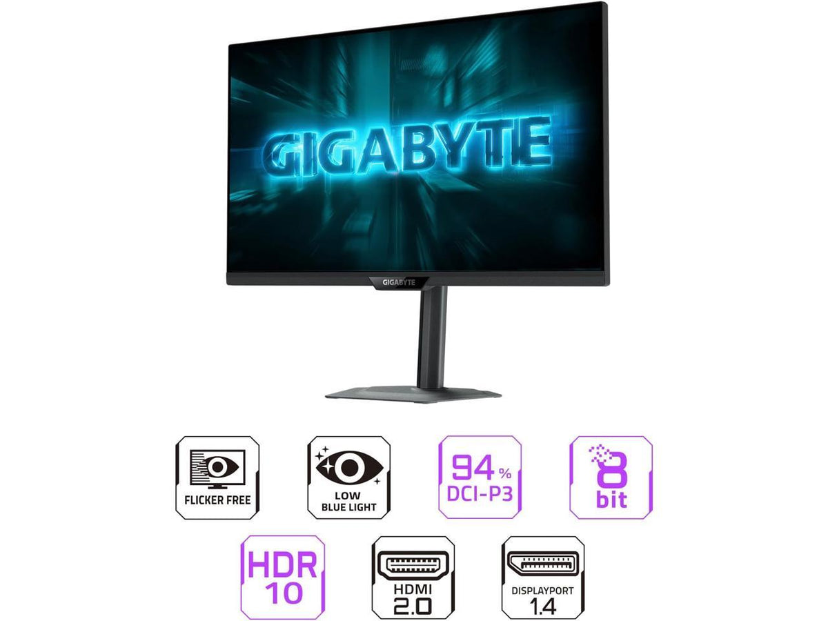 Gigabyte G27Q20 angled view showing thin bezels and matte QHD screen on stand