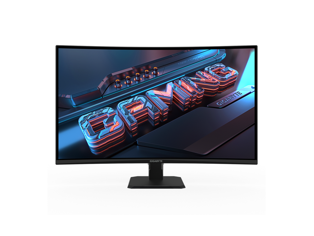 Gigabyte GS32QCA angled left view showing curved screen and slim bezel, 31.5" QHD 180Hz gaming monitor