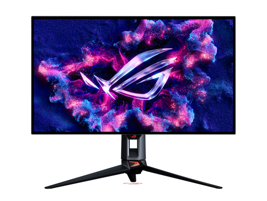 Angled view of ASUS ROG Swift OLED PG32UCWM showing slim bezels, metal stand and back RGB lighting