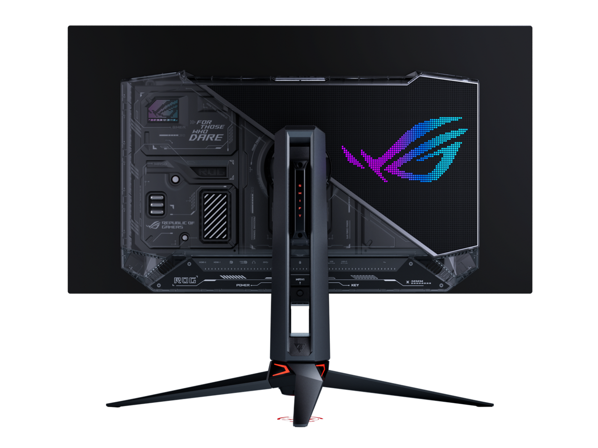 Close-up of ASUS ROG Swift OLED PG32UCWM metal stand with integrated cable management