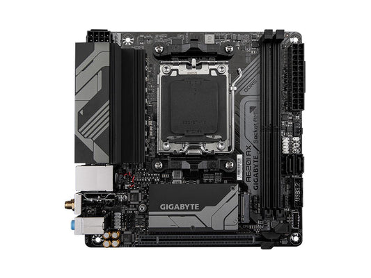 Rear I/O panel of Compact A620I AX motherboard with Wi-Fi 6 antenna and USB ports