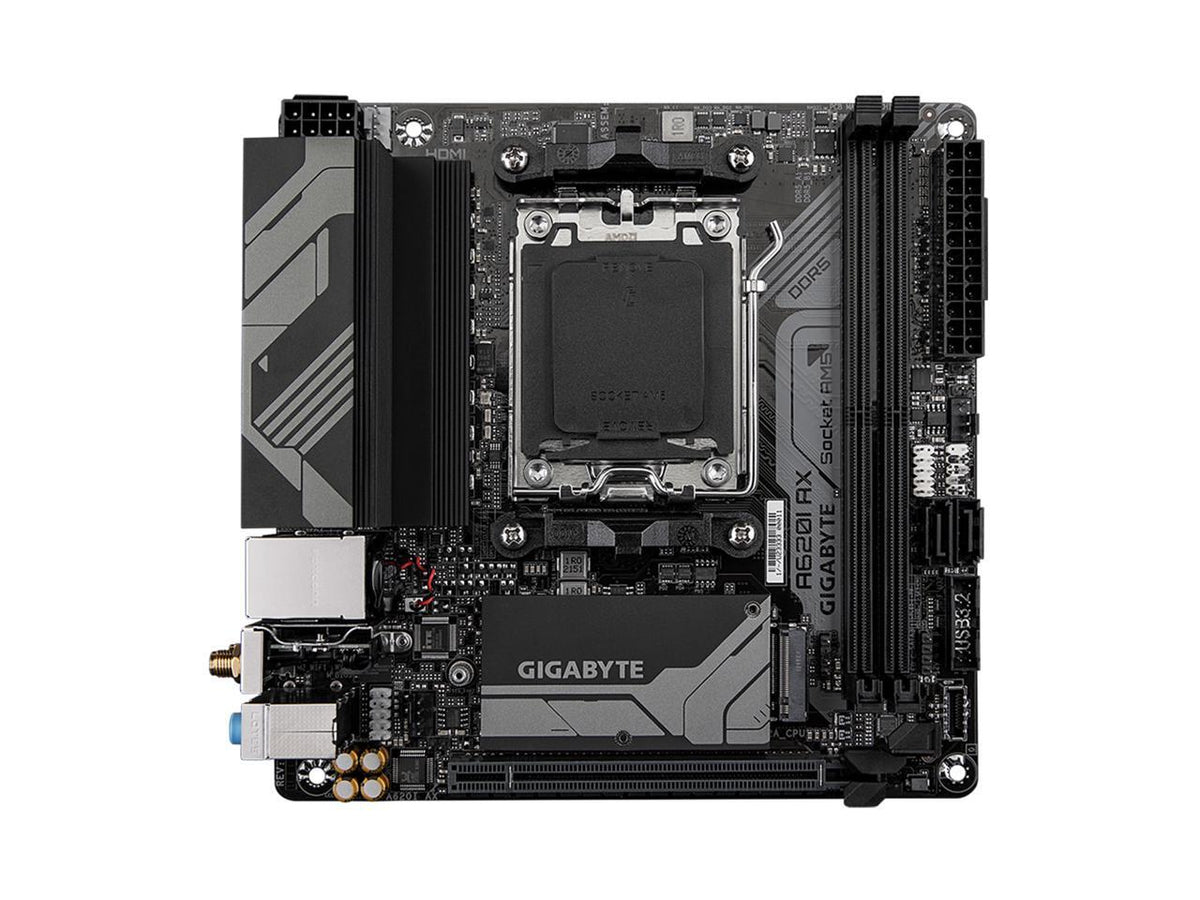 Rear I/O panel of Compact A620I AX motherboard with Wi-Fi 6 antenna and USB ports