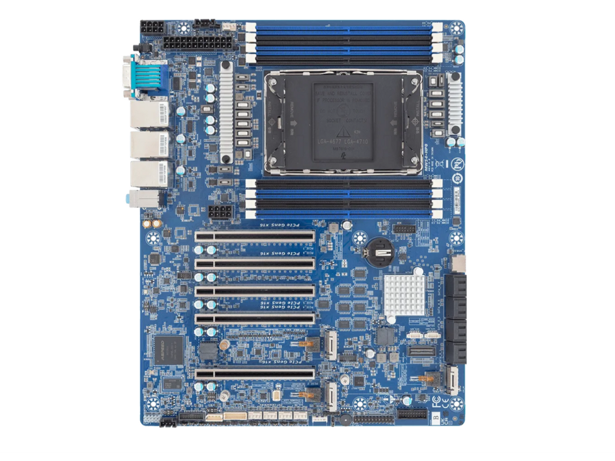 GIB MW54-HP0 rear I/O and edge view showing LAN and USB ports, I/O shield area and connector layout for servers