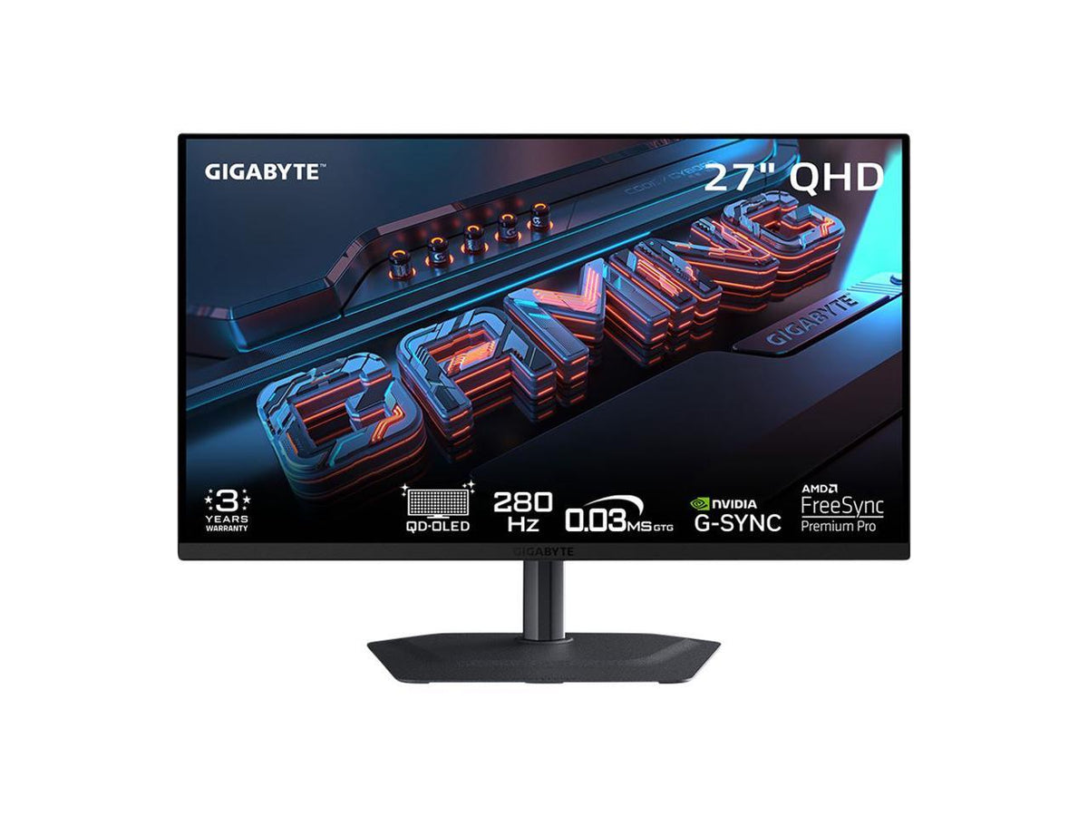 GIGABYTE MO27Q2A 26.5-inch QD-OLED QHD 280Hz gaming monitor front view on stand