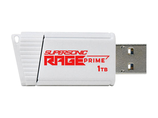 Retail packaging back view showing PATRIOT branding, product specs and 1TB capacity label for Supersonic Rage Prime