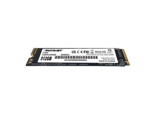 Angled view of Patriot P320 512GB M.2 NVMe SSD showing PCB, controller chips and single mounting screw hole