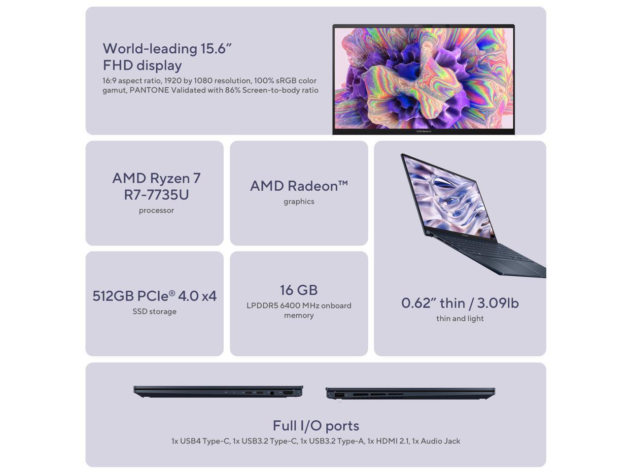 2023 ASUS Zenbook 15 laptop, 15.6” FHD Display, AMD Ryzen 7 7735U CPU
