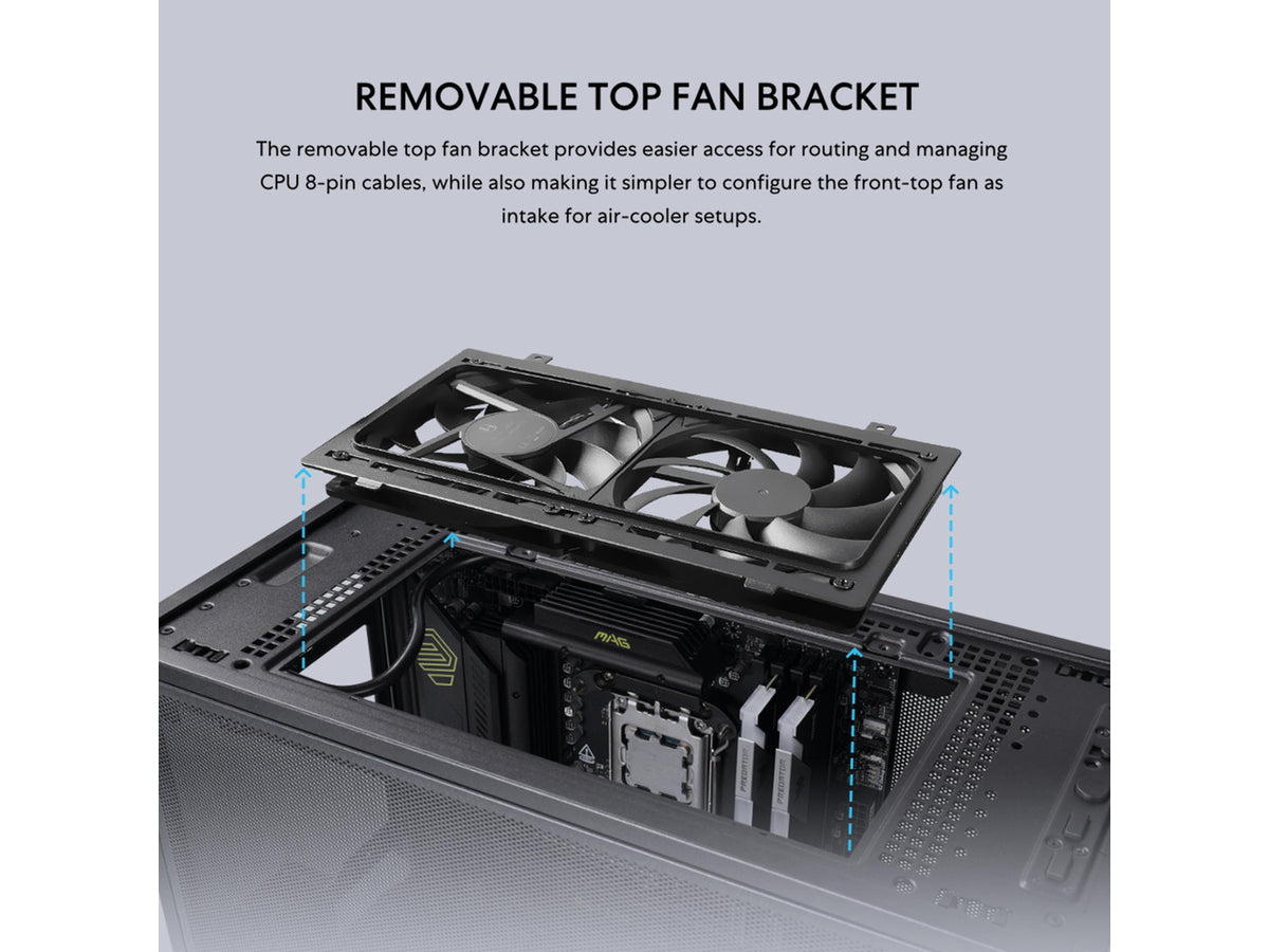 Close-up of the B4-mATX case cooling fan mounting and slim fan design