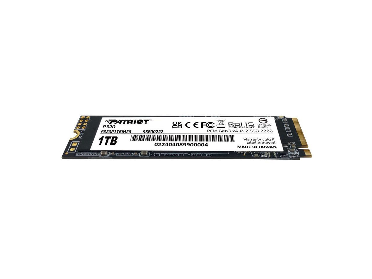 Patriot Viper P320 M.2 NVMe 1TB SSD close-up of PCB, controller chips and model sticker
