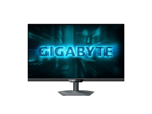 Angled front GIGABYTE 27-inch Dual Mode monitor showing slim bezels, IPS panel, UHD 4K and esports-ready 320Hz mode
