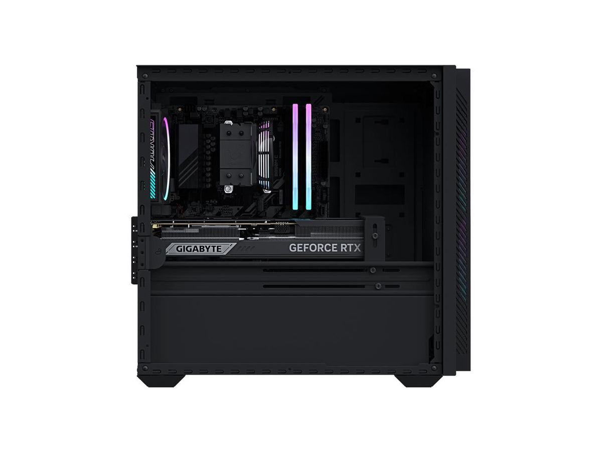 GIGABYTE AP5A7N7T-5102 R angled front showing logo, slim optical bay, ventilation and front ports