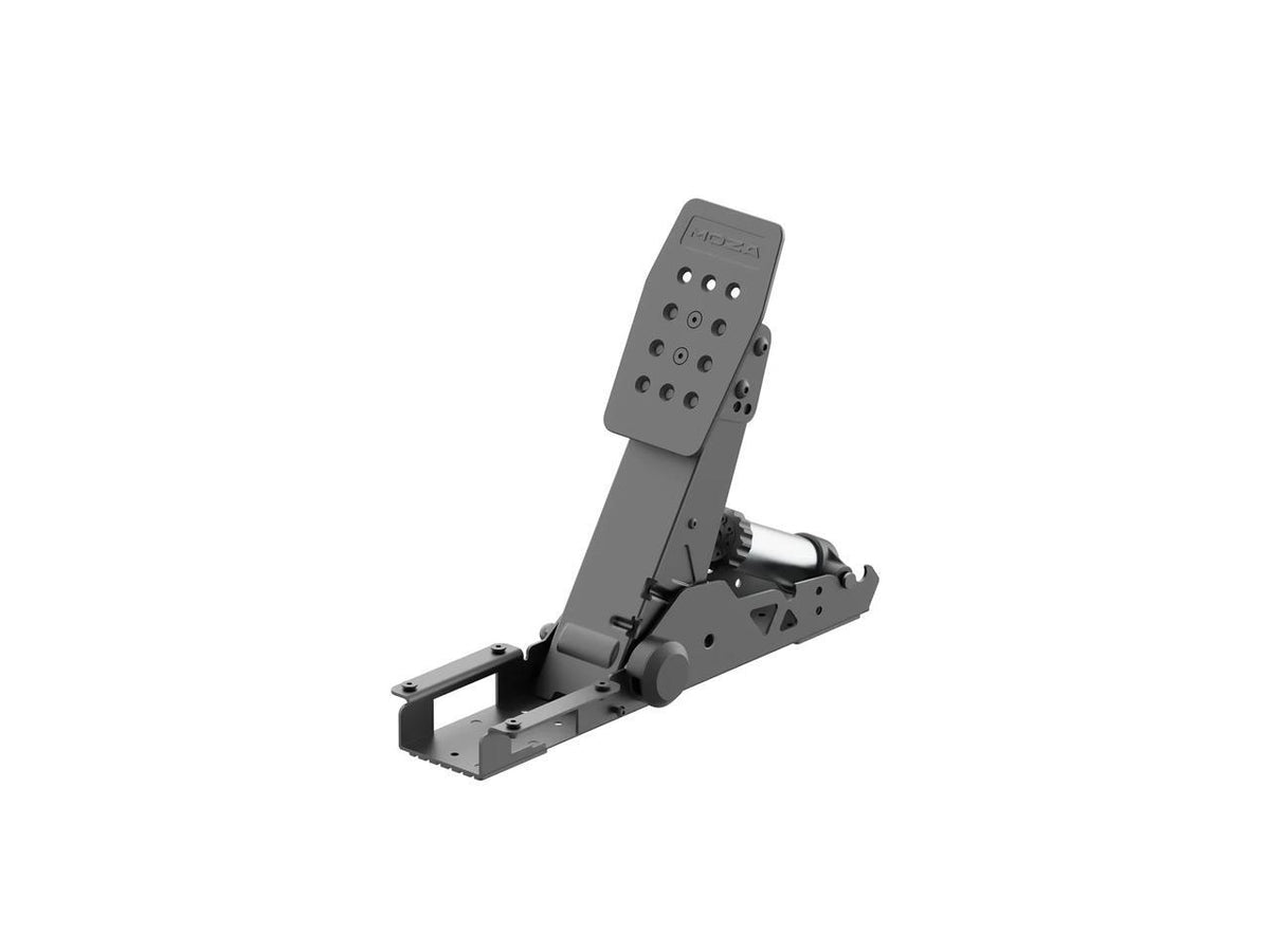 Side angle view of Moza SRP2 load cell clutch pedal with mounting brackets