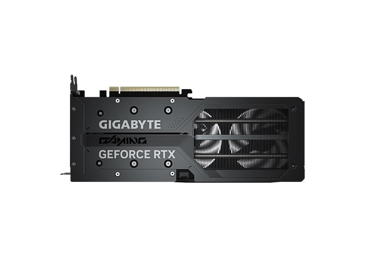 Backplate close-up of GIGABYTE GeForce RTX 5060 GAMING OC V2 8G with ventilation cutouts and model engraving