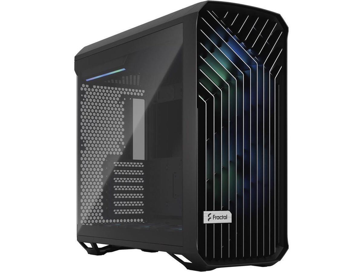 Front view of Fractal Design Torrent RGB Black case showing high-airflow front panel