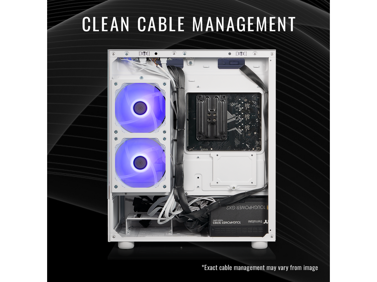 Internal view of Thermaltake desktop highlighting cooling equipment and cable management