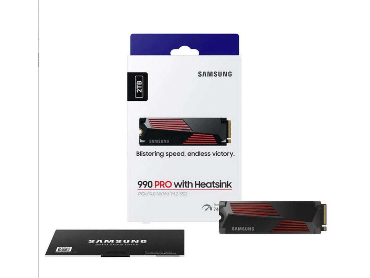 Samsung 990 PRO 2TB M.2 SSD with integrated heatsink front view