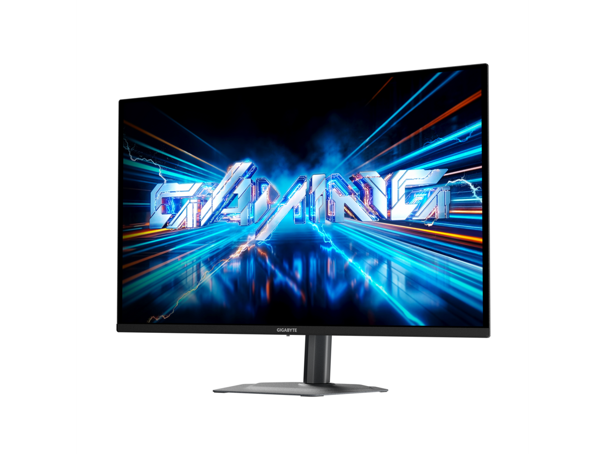 GIGABYTE 27\" QD-OLED monitor side profile highlighting ultra-thin panel and adjustable tilt stand