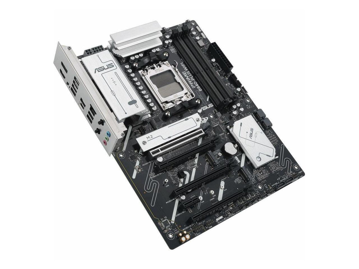 ASUS PRIME B840-PLUS WIFI-CSM showing PCIe slots, M.2 heatsinks and SATA connectors for storage expansion