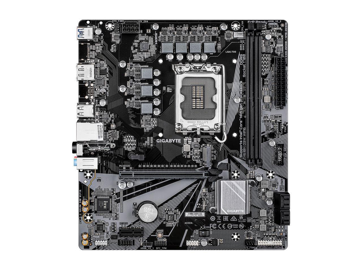 Close-up of GIGABYTE H610M D3W WIFI6 showing LGA 1700 CPU socket, DDR4 DIMM slots and M.2 area