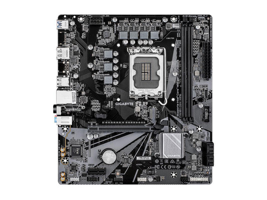 Close-up of GIGABYTE H610M D3W WIFI6 showing LGA 1700 CPU socket, DDR4 DIMM slots and M.2 area