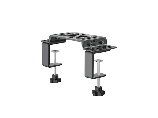 Close up view of the black CNC-machined aluminum MOZA RS12 mounting bracket