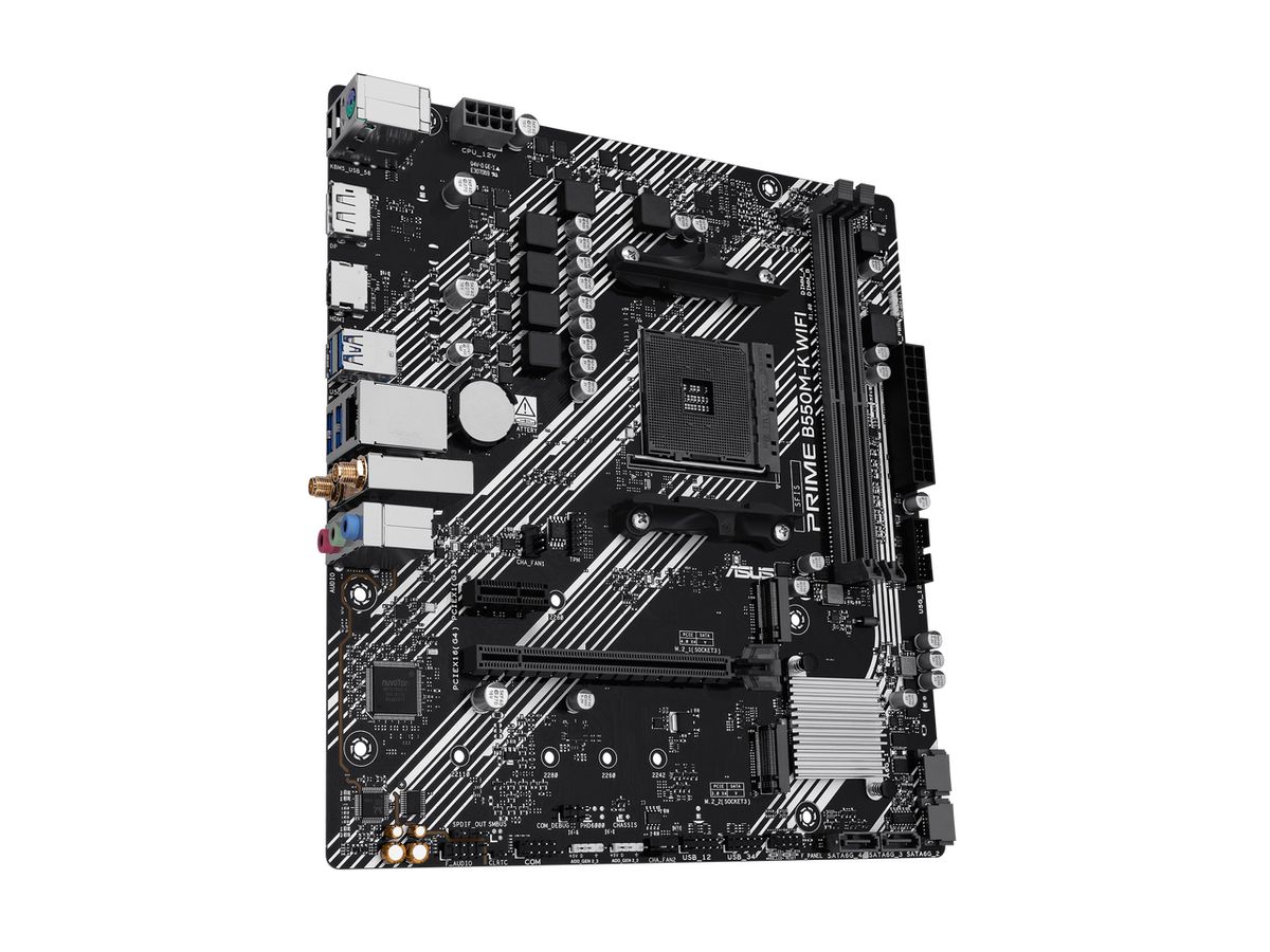 Angled view of the Prime B550M-K WiFi PCIe 4.0 and M.2 storage slots