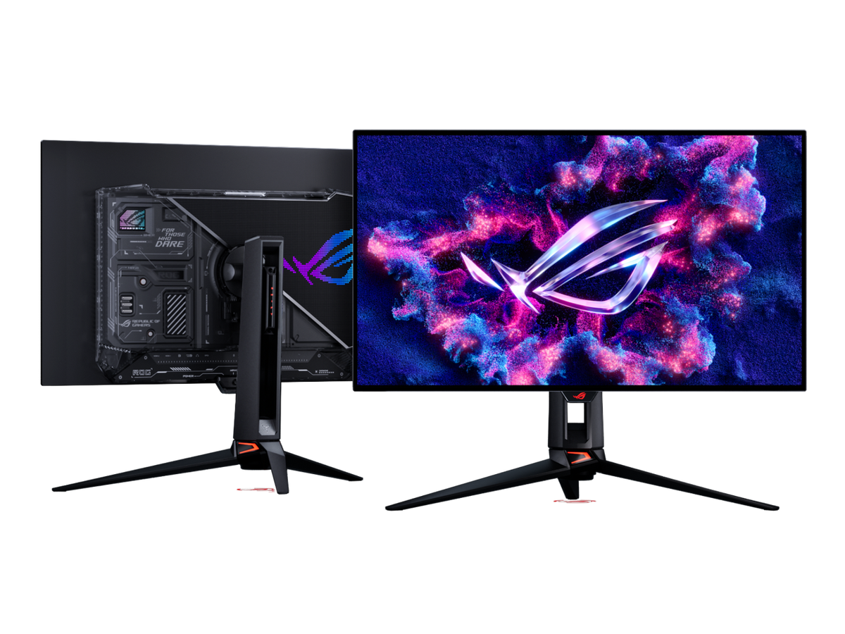 Rear view of ASUS ROG Swift OLED PG32UCWM showing ROG logo, ventilation and adjustable metal stand