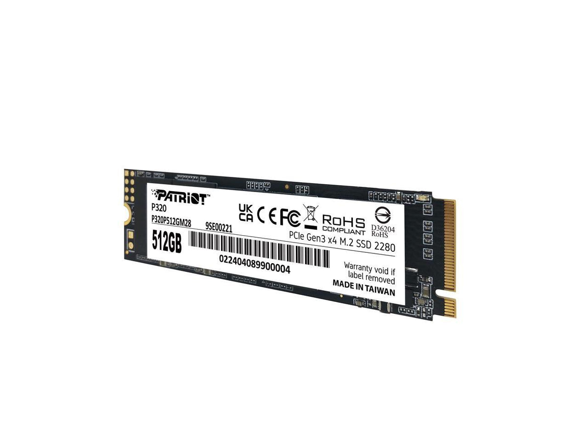 Close-up of Patriot P320 M.2 NVMe SSD gold edge PCIe Gen3 connector with label and PCB detail