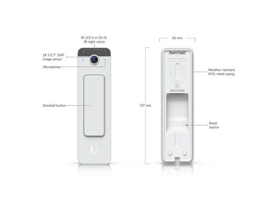 Side angle view showing the profile and white finish of the Ubiquiti Doorbell Lite