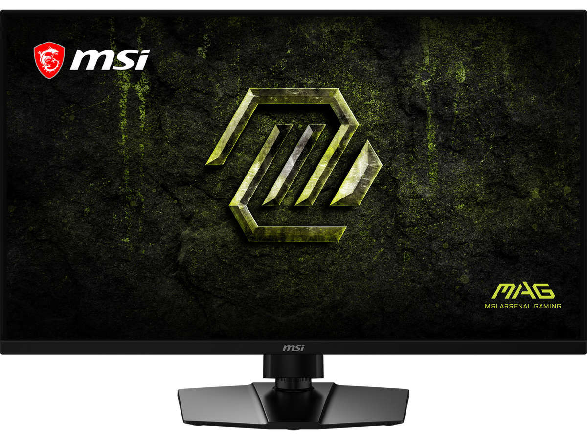 Side profile of MSI MAG 321UPD E14 gaming monitor showing ergonomic stand