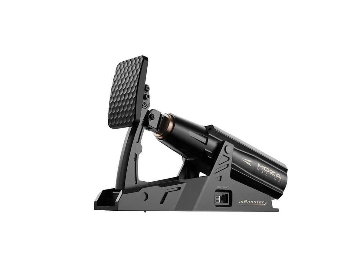 MOZA Racing RS076 mBooster active pedal unit showing aluminum alloy build