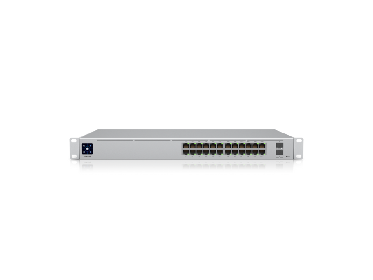 Front view of Ubiquiti UniFi Pro 24 PoE switch showing 24 Gigabit Ethernet ports and LED status indicators.