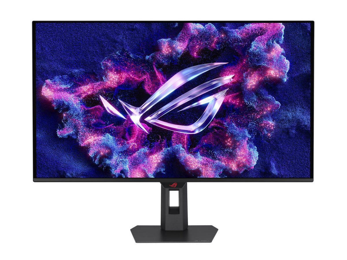 Rear view ASUS ROG Strix OLED 32-inch 4K monitor showing ROG logo, ports and textured back panel