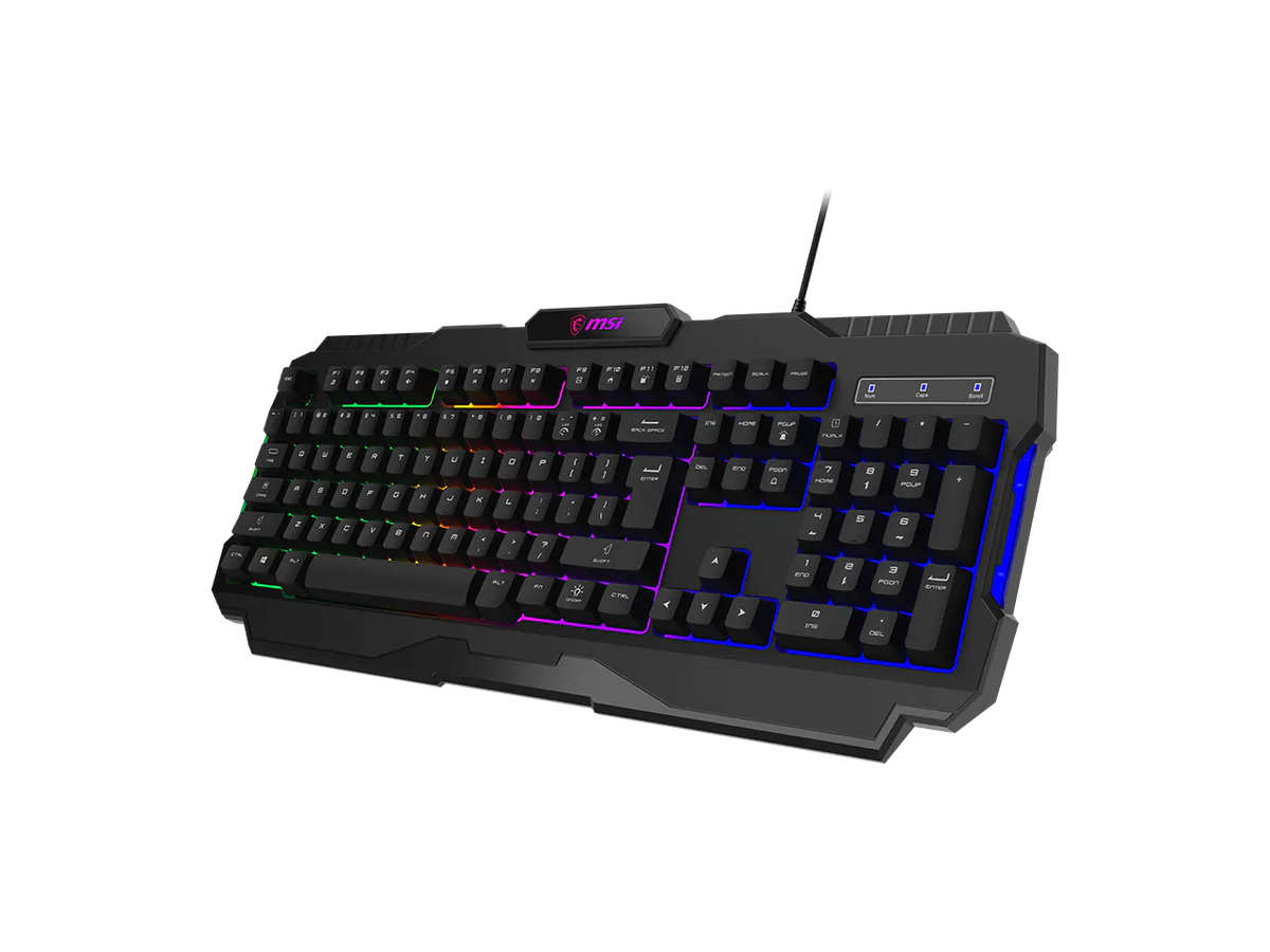 Angled perspective of MSI FORGE GK100 R gaming keyboard showing key layout and design