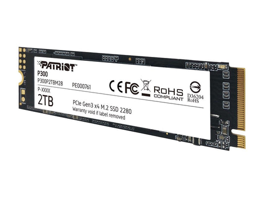 Angled view of Patriot P300 2TB M.2 NVMe SSD gold connector