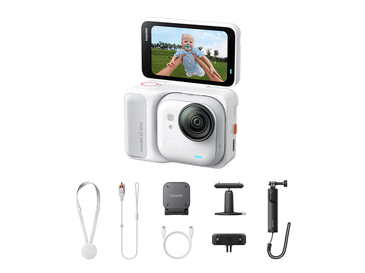 Insta360 GO Ultra Creator Bundle camera unit with essential vlogging accessories on flat surface