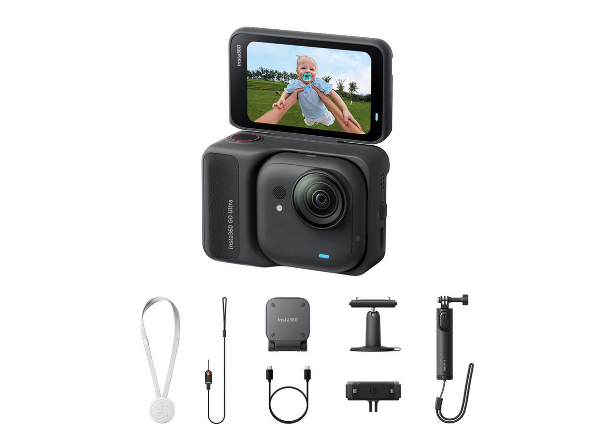 Insta360 GO Ultra Creator Bundle camera unit and included accessories in retail packaging