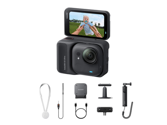 Insta360 GO Ultra Creator Bundle camera unit and included accessories in retail packaging