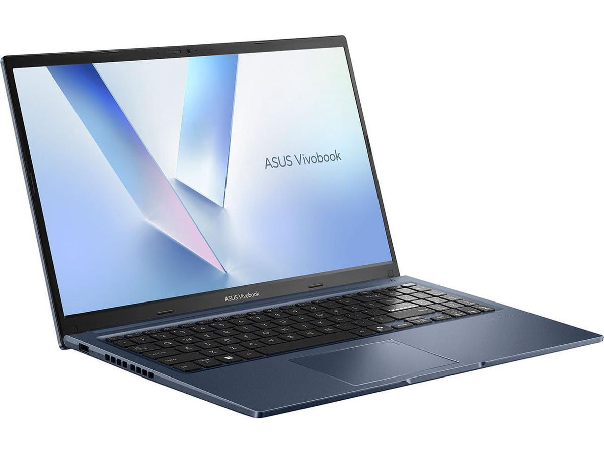 ASUS Vivobook 15 Quiet Blue open laptop, 15.6-inch display, visible keyboard and slim bezel, Ryzen 7 branding