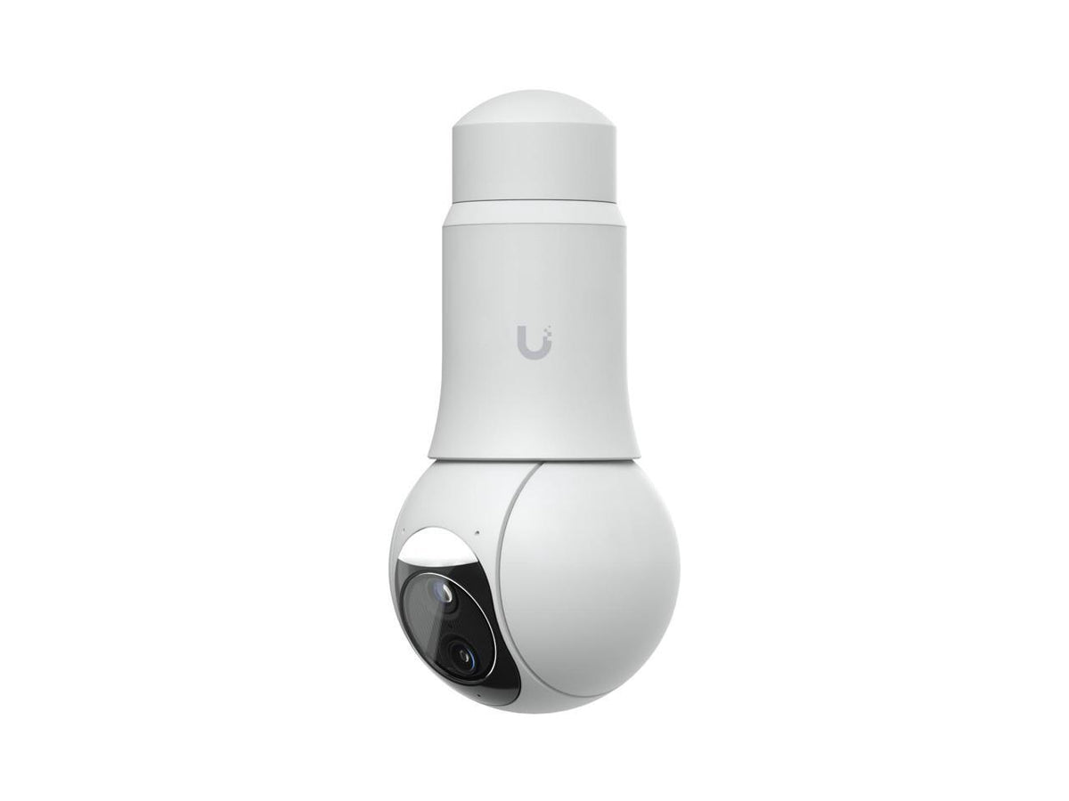 Rear view of Ubiquiti G6 PTZ white security camera showing base and connector ports