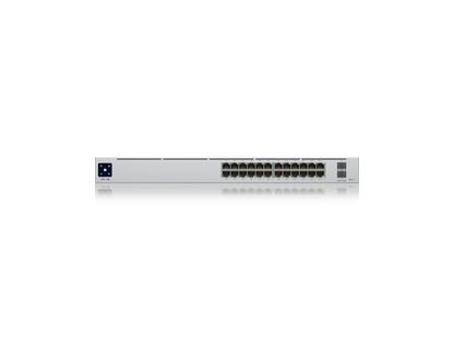 Angled view of Ubiquiti UniFi Pro 24 PoE metal chassis featuring the integrated LCM status touchscreen.