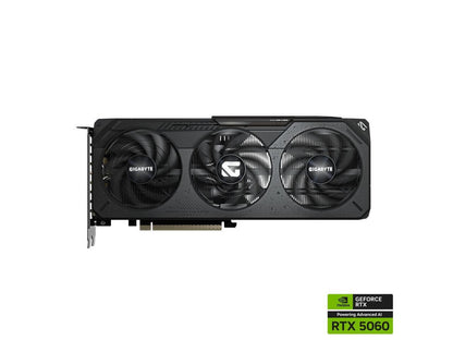 GIGABYTE RTX 5060 GAMING OC V2 side view showing 8GB GDDR7 memory, PCIe power connector and metal backplate