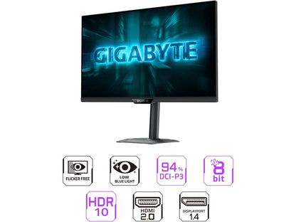 Gigabyte G27Q20 angled view showing thin bezels and matte QHD screen on stand