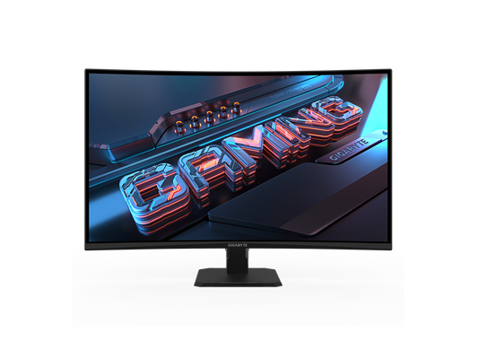 Gigabyte GS32QCA angled left view showing curved screen and slim bezel, 31.5" QHD 180Hz gaming monitor