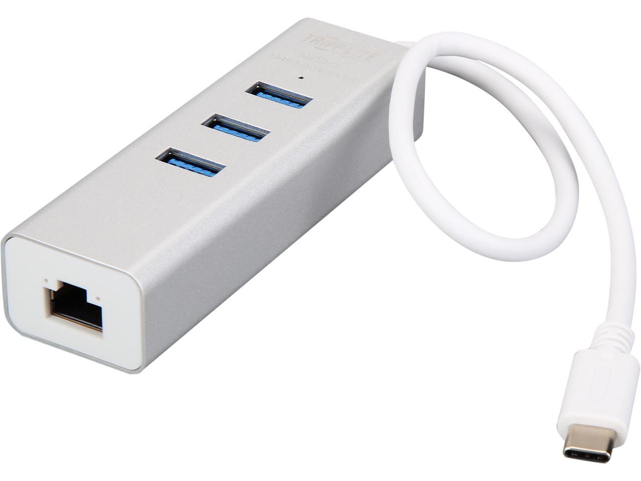 3-Port USB-C Hub with LAN Port, USB-C to 3x USB-A Ports and Gbe, USB 3.0, White