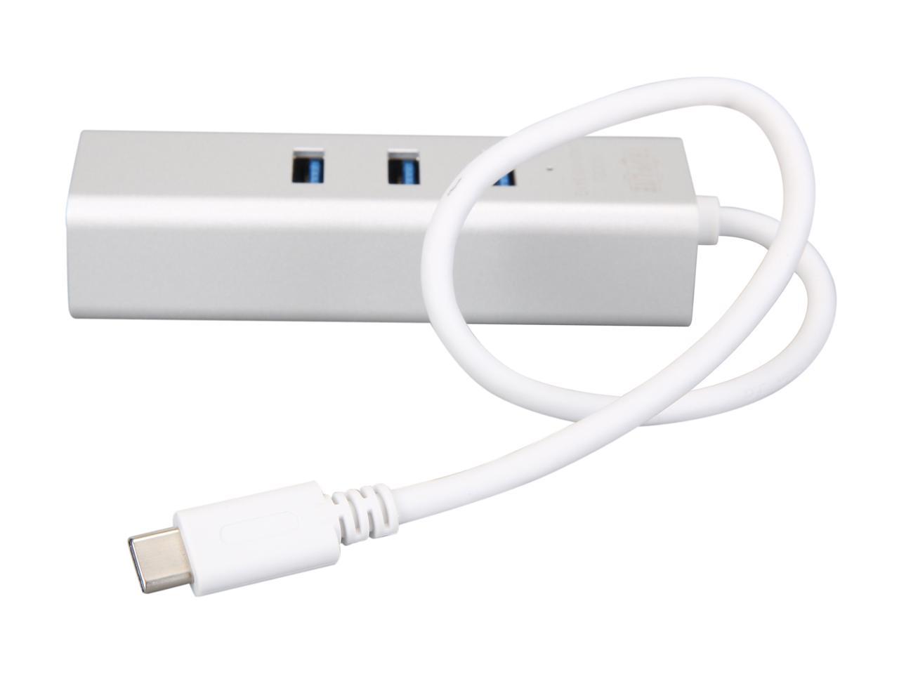 3-Port USB-C Hub with LAN Port, USB-C to 3x USB-A Ports and Gbe, USB 3.0, White