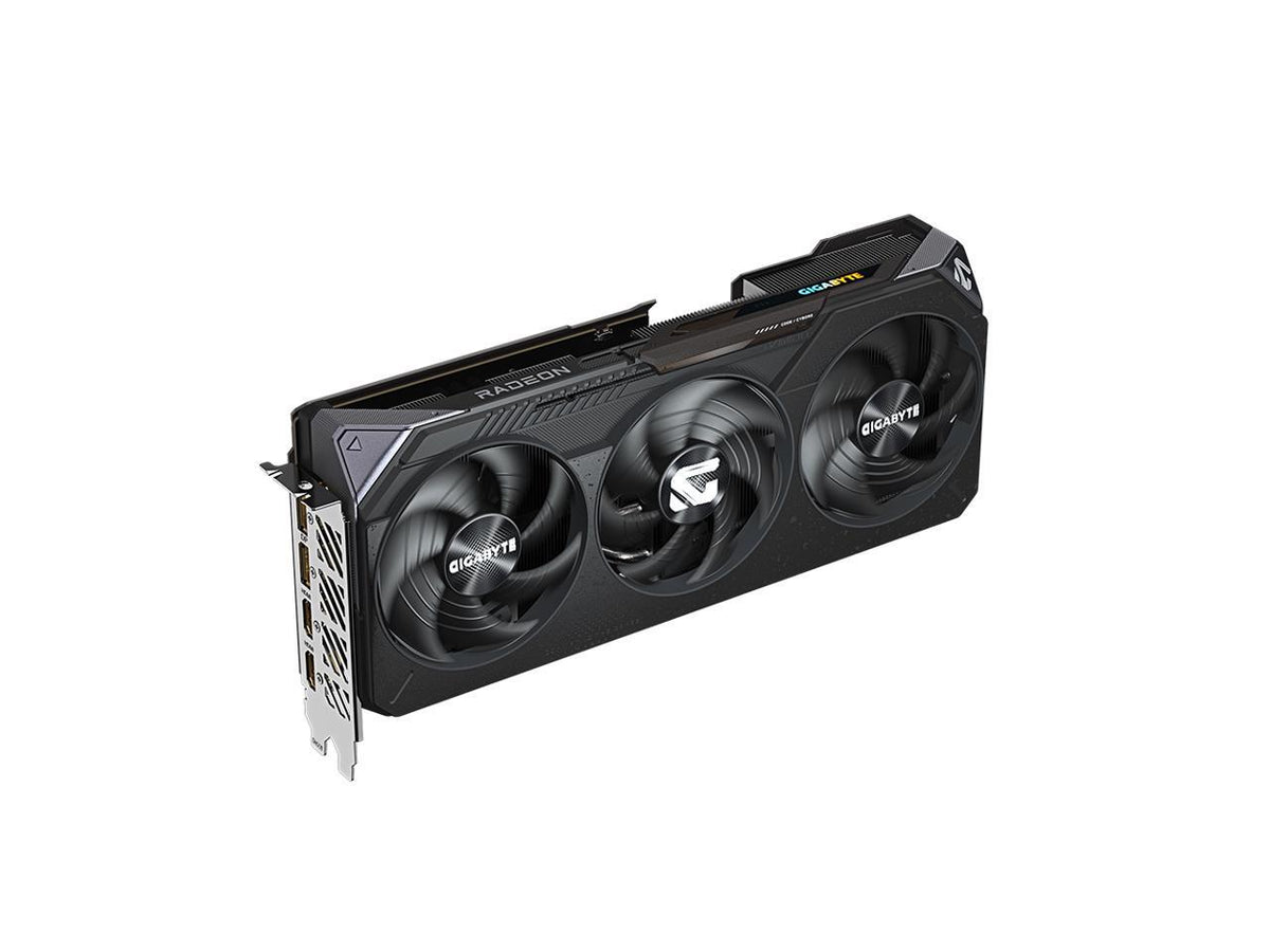 Rear metal backplate of GIGABYTE Radeon RX 9070 GRE Gaming OC with ventilation and product branding