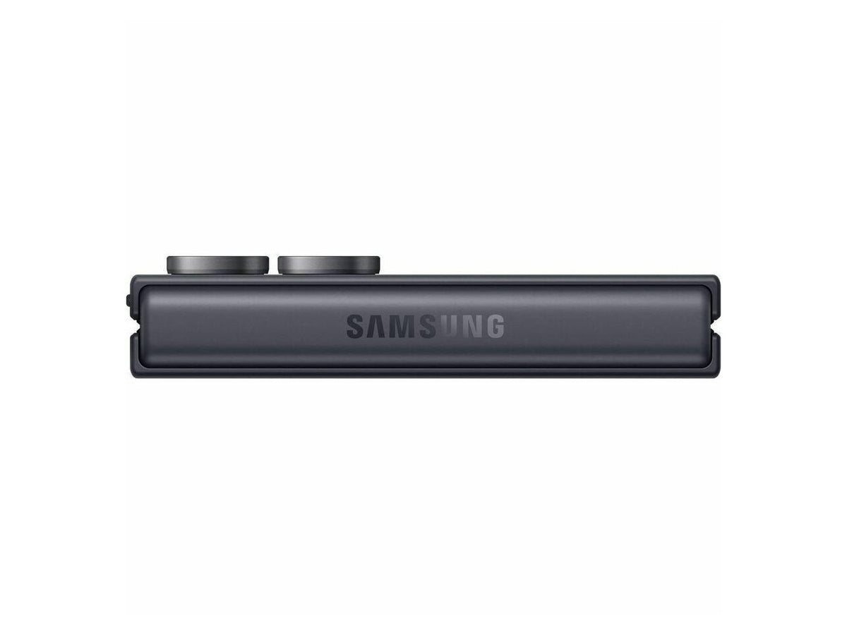 Side profile view of the Samsung Galaxy Z Flip8 Graphite in a semi-folded position